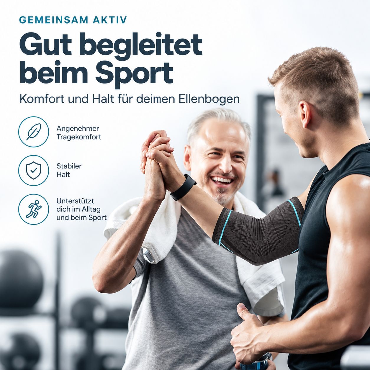 Deux hommes dans une salle de sport, l'un portant une coudière offrant un soutien sportif.