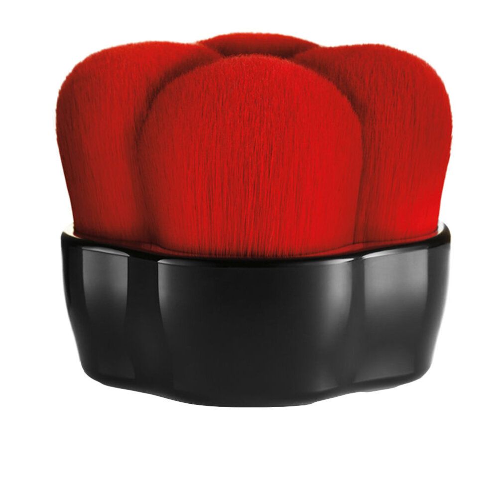 Pinceau de maquillage noir avec tête rouge en forme de fleur. Le manche est brillant.