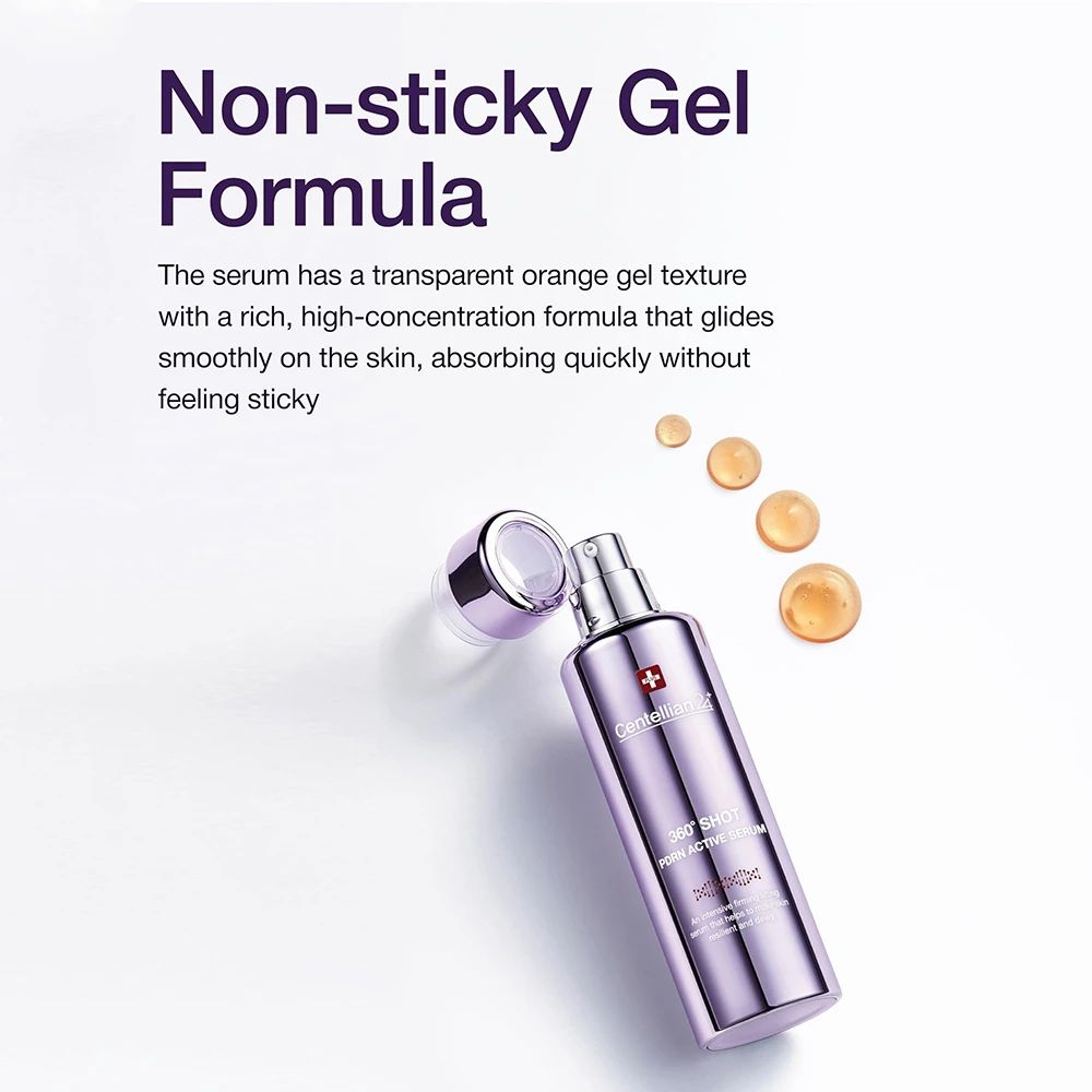 Flacon avec bouchon ouvert. Inscriptions: CENTELLIAN24, 360° SHOT PDRN ACTIVE SERUM. Texture gel.