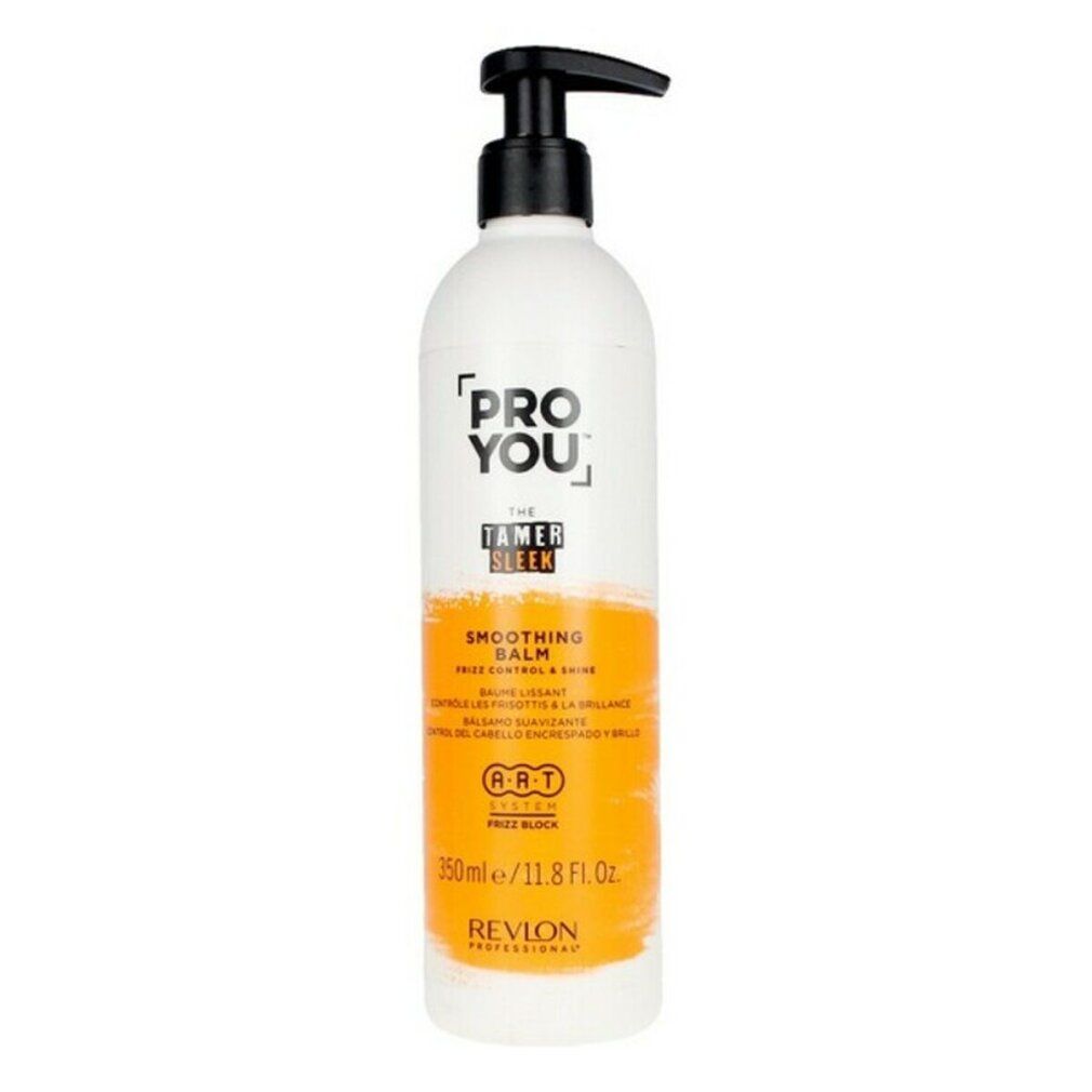 Flacon blanc-orange avec pompe noire. Inscription: PRO YOU, THE TAMER SLEEK, Smoothing Balm. Revlon Professional.