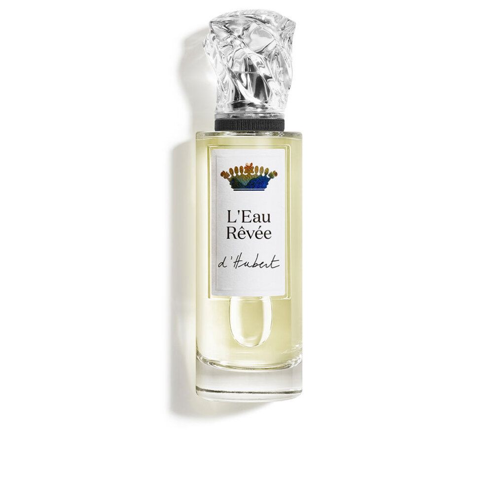 Glazen fles met transparante inhoud. Opschrift: L'Eau Rêvée d'Hubert. Sluiting: kristalvormig.