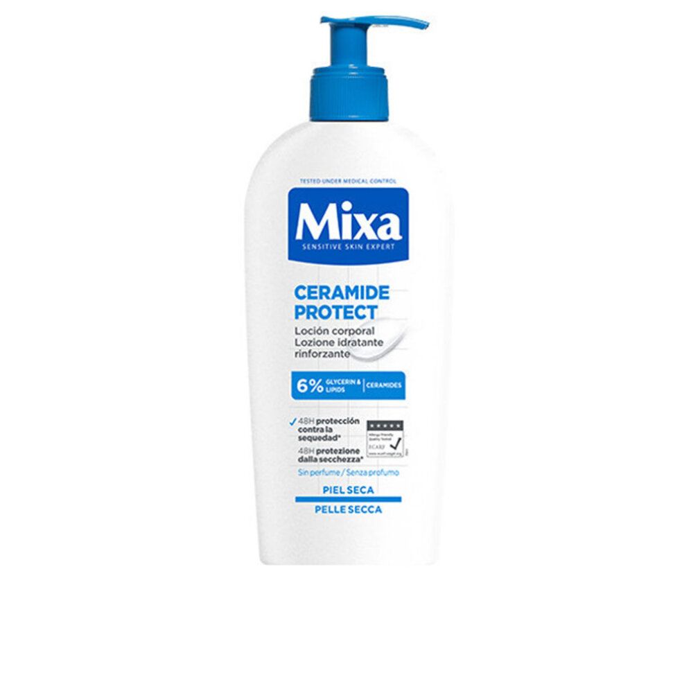 Witte fles met blauwe pomp. Opschrift: Mixa, Ceramide Protect, Lotion pour le Corps, Peaux Sèches. 6% Ceramiden.