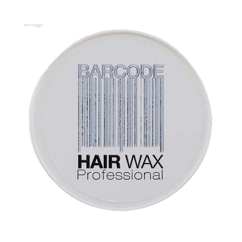Pot rond blanc avec "BARCODE" et motif code-barres. En dessous, "HAIR WAX Professional" en noir.
