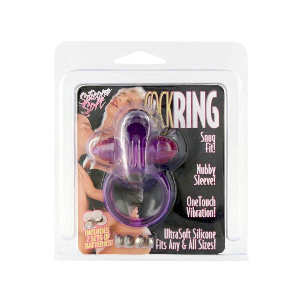 Cockring vibrant violet avec oreilles de lapin en emballage blister.
