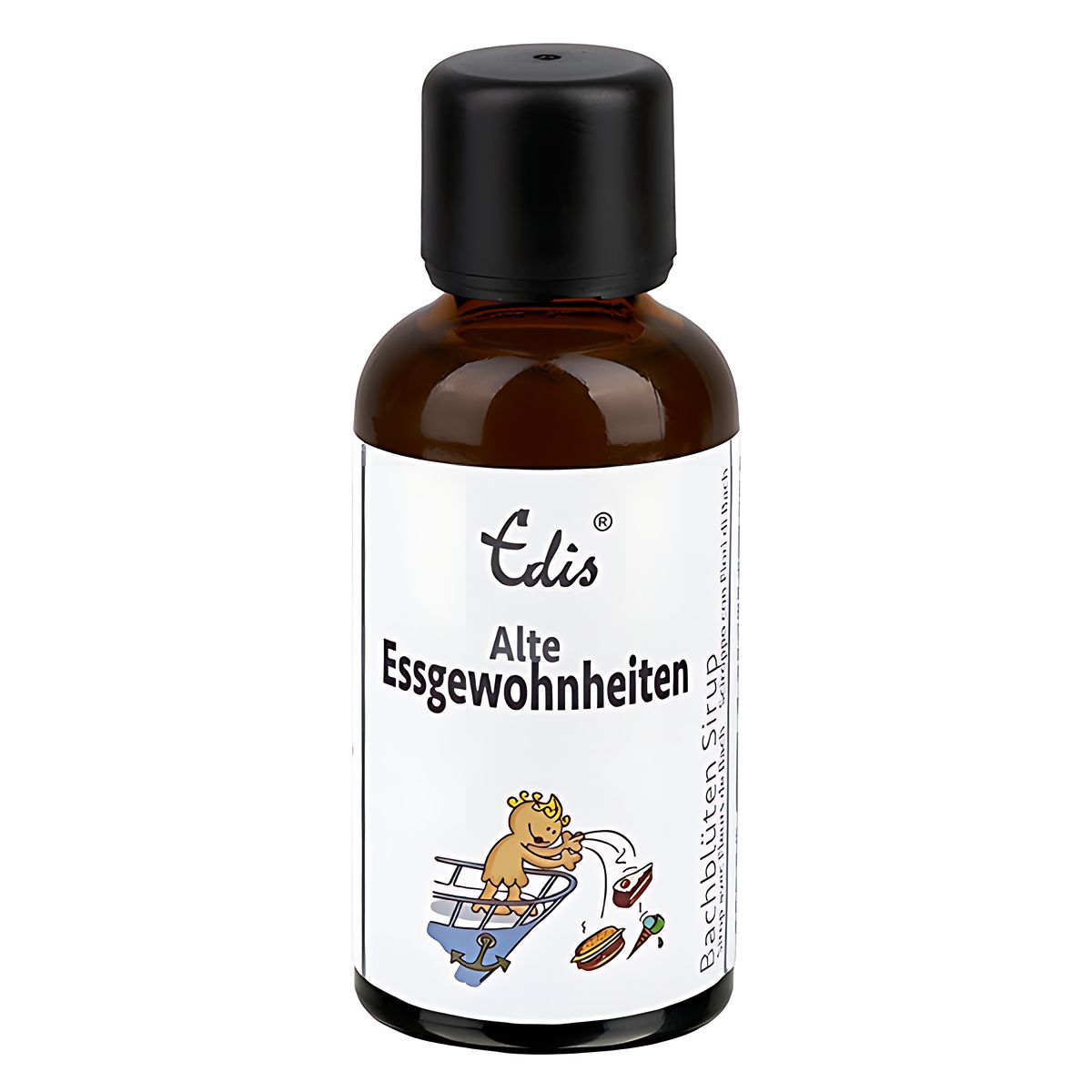 Bruine fles met zwarte dop. Opschrift: Edis Alte Essgewohnheiten. Illustratie: kind gooit eten weg. Bachbloesem siroop.