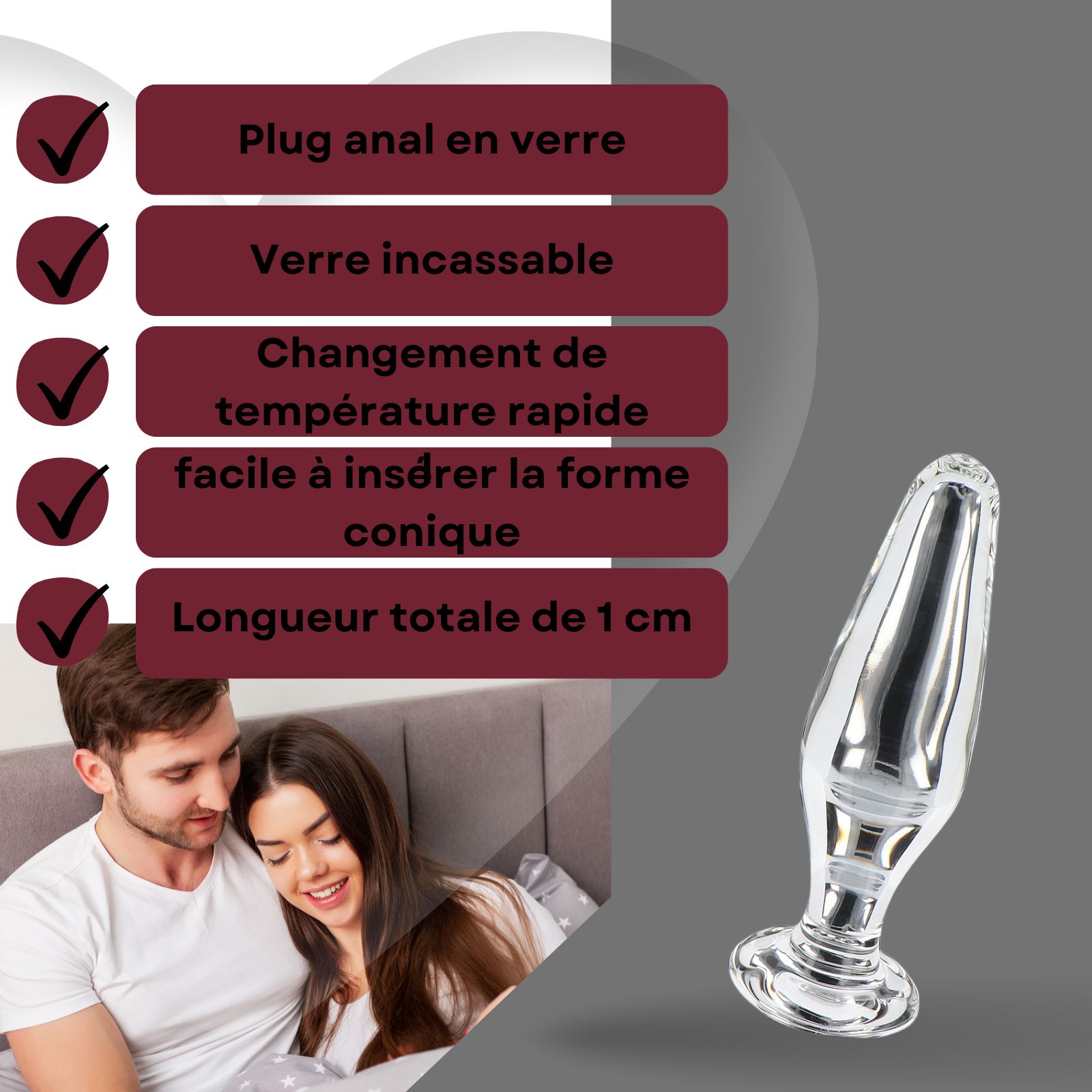 Plug anal en verre. Forme conique, surface transparente. Couple en arrière-plan.