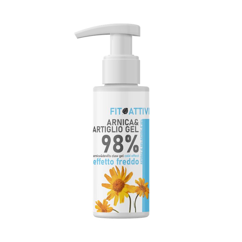 Witte dispenser met productlabel. Opschrift: Arnica & Artiglio Gel, 98%, met bloemmotief. Blauwe accenten.
