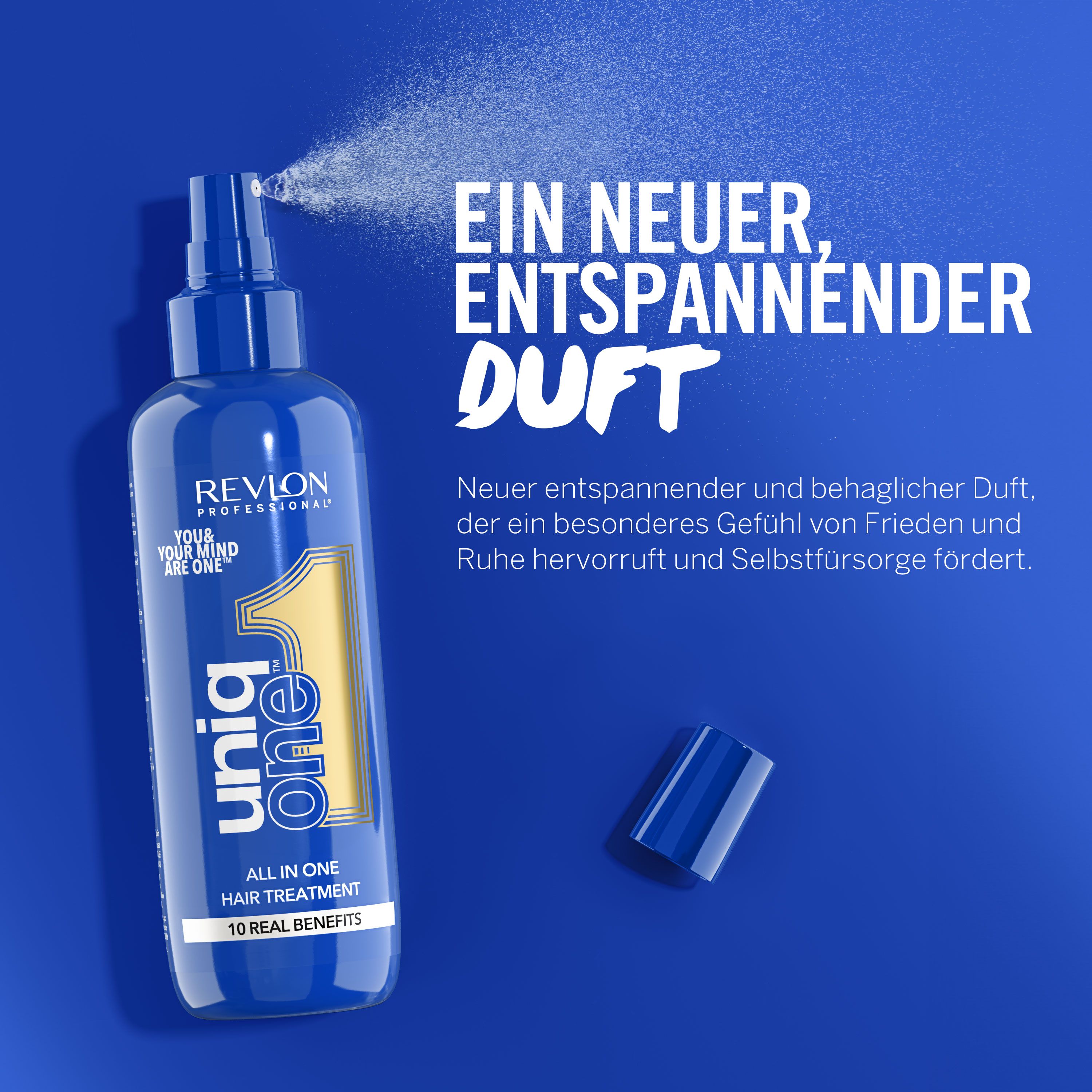 Flacon bleu UniqOne avec brume. Texte : Un nouveau parfum relaxant.