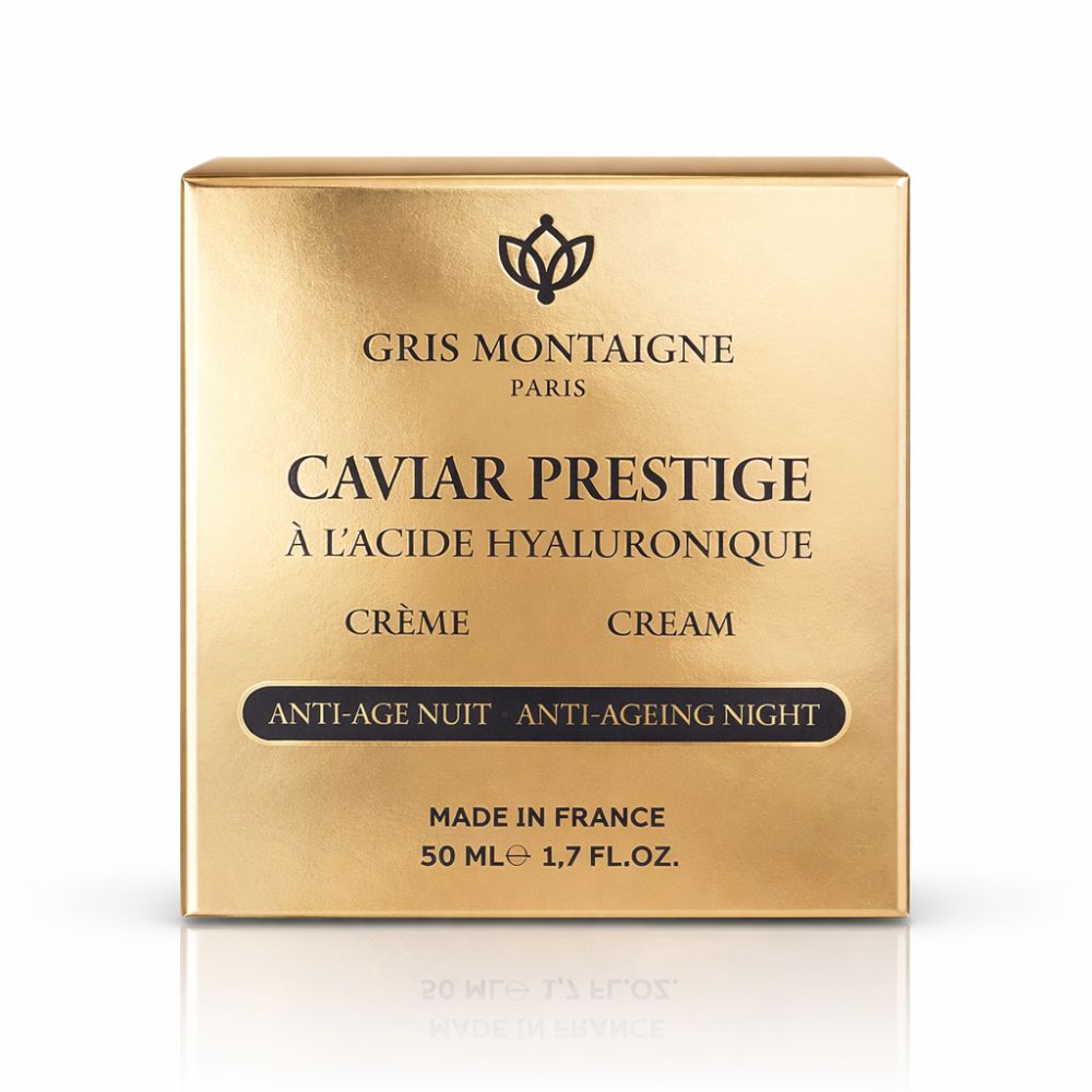 Boîte dorée. Inscription: Caviar Prestige, à l'Acide Hyaluronique, Crème, Anti-Age Nuit. Fabriqué en France.