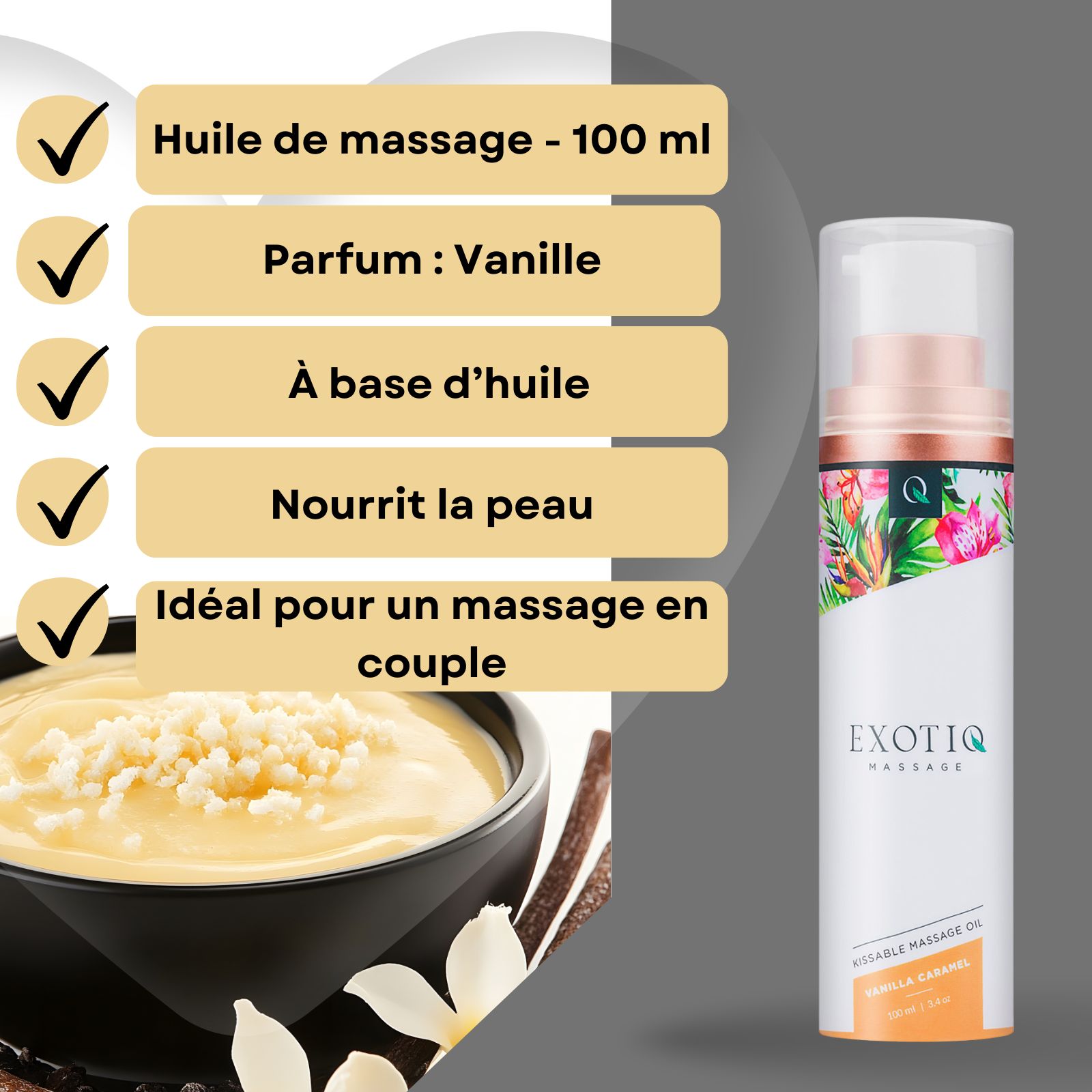 Produit avec texte: Huile de massage - 100 ml, Parfum : Vanille, À base d'huile, Nourrit la peau, Idéal pour un massage en couple.