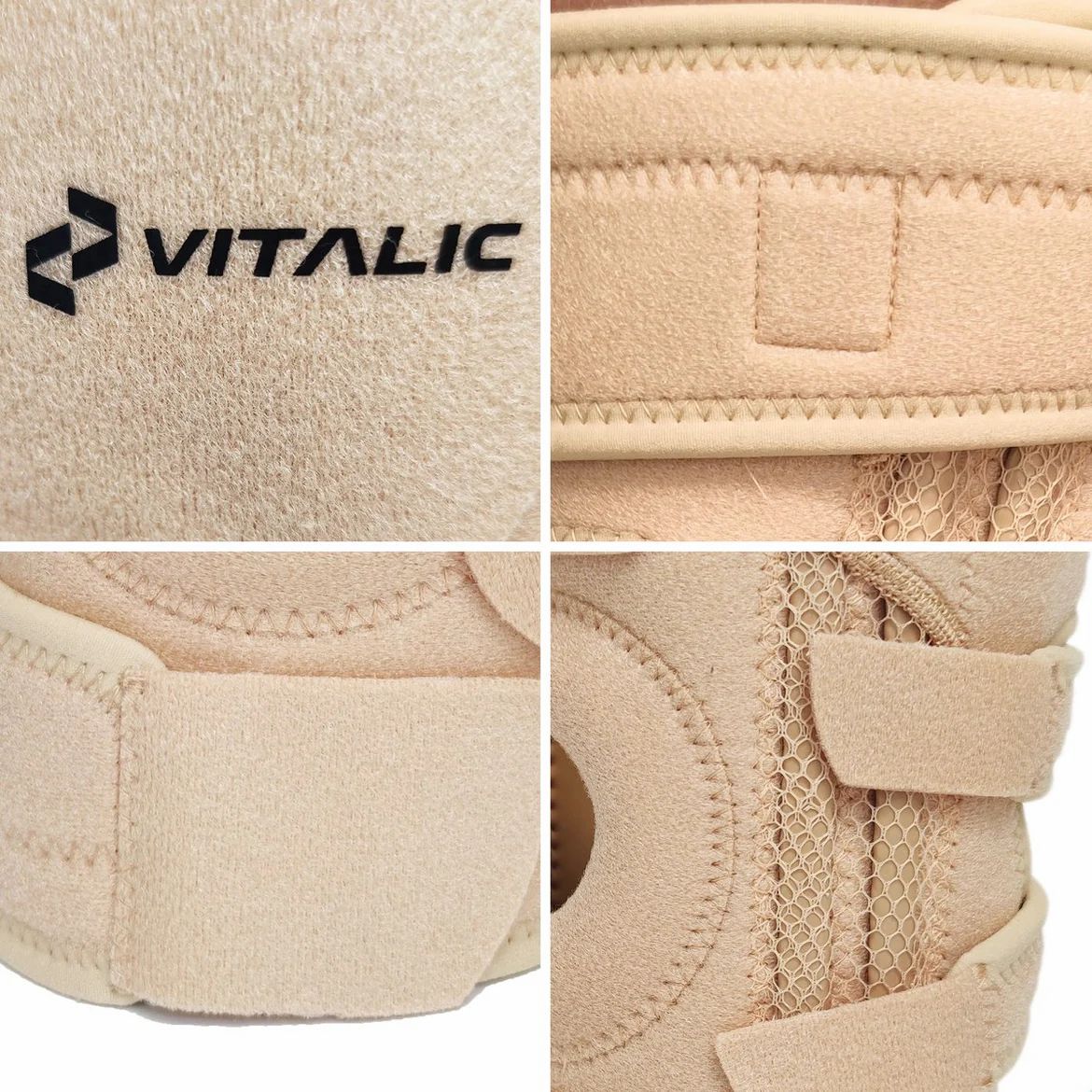 Gros plans sur les détails d'une genouillère beige. Marque VITALIC visible.