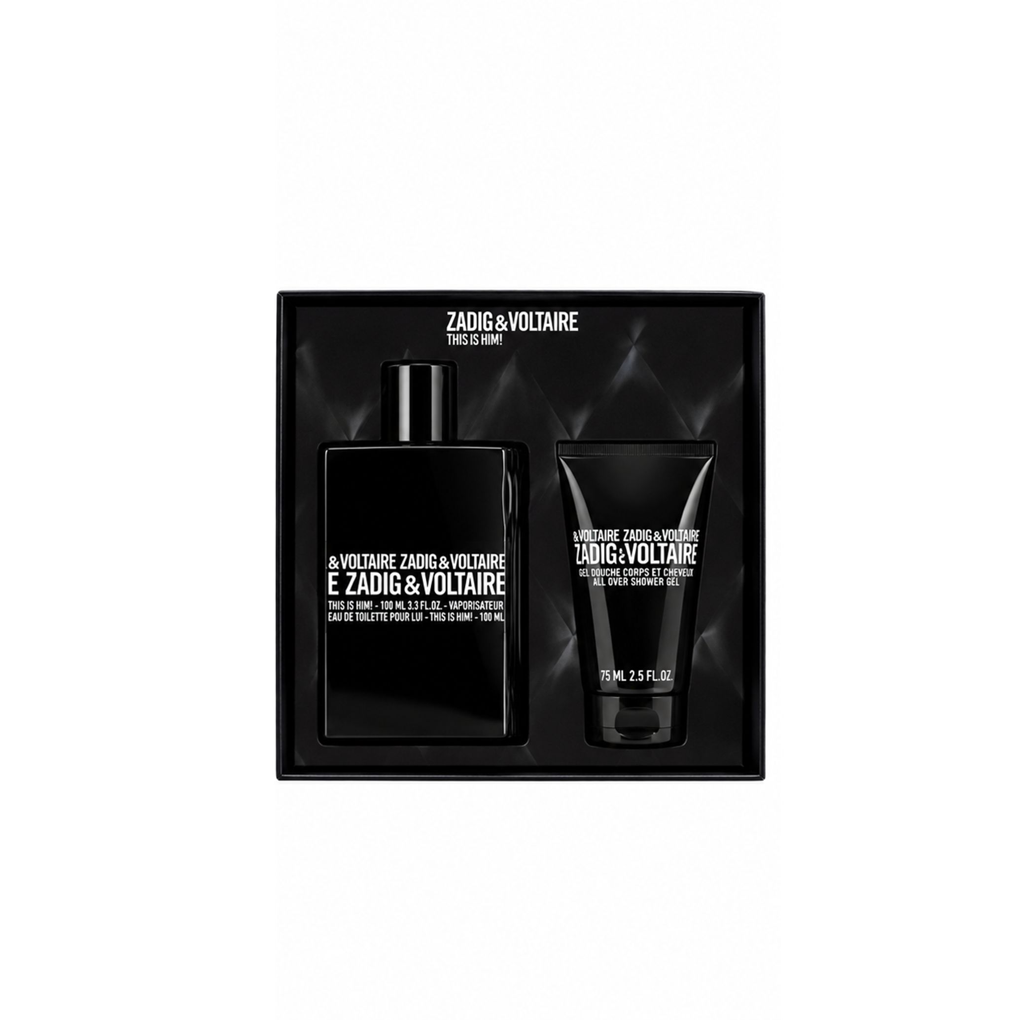 Zadig & Voltaire geschenkset met Eau de Toilette (100ml) en Douchegel (75ml) in zwarte verpakking.