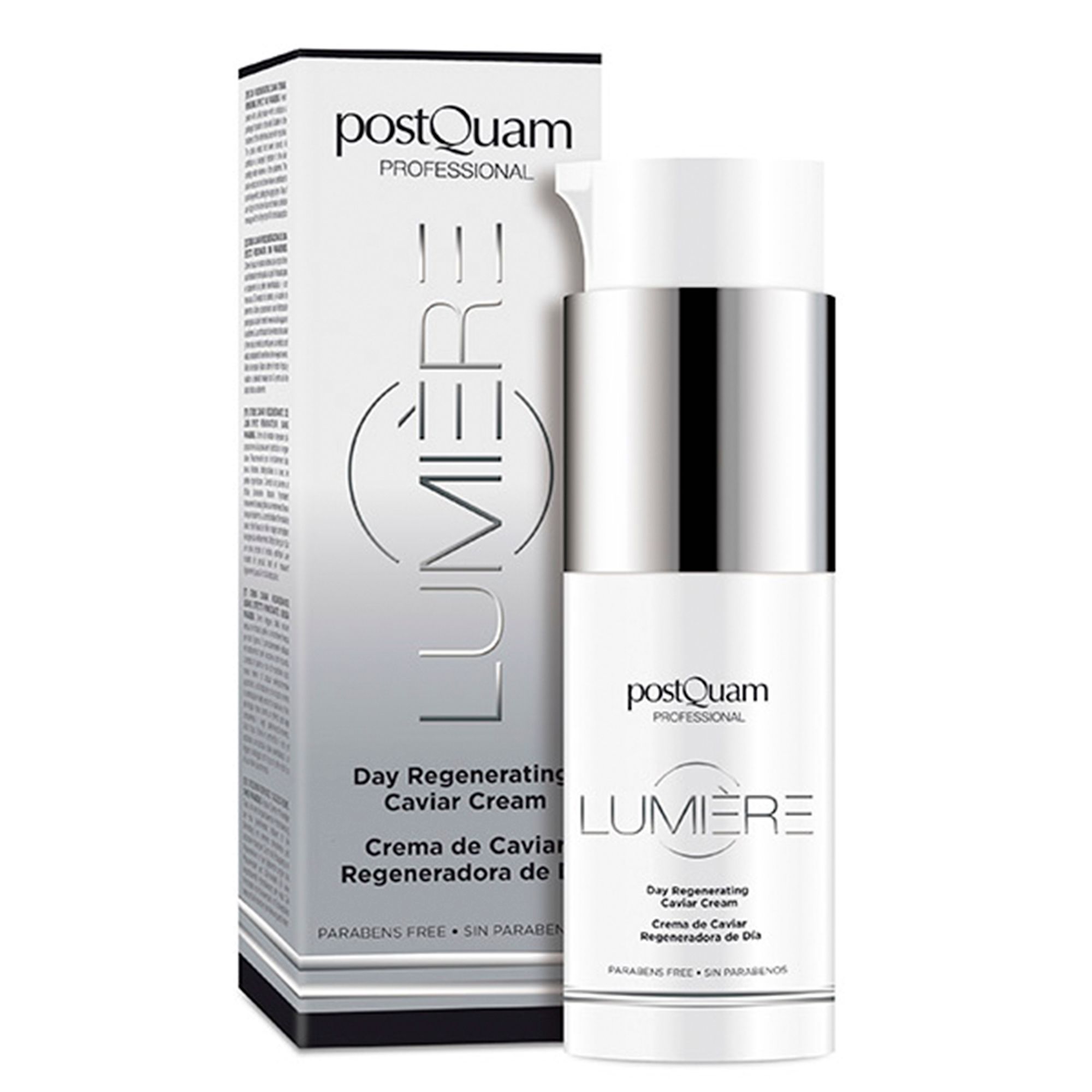 Crèmefles met verpakking. Opschrift: PostQuam Professional, Lumière, Day Regenerating Caviar Cream. Zilveren dop.