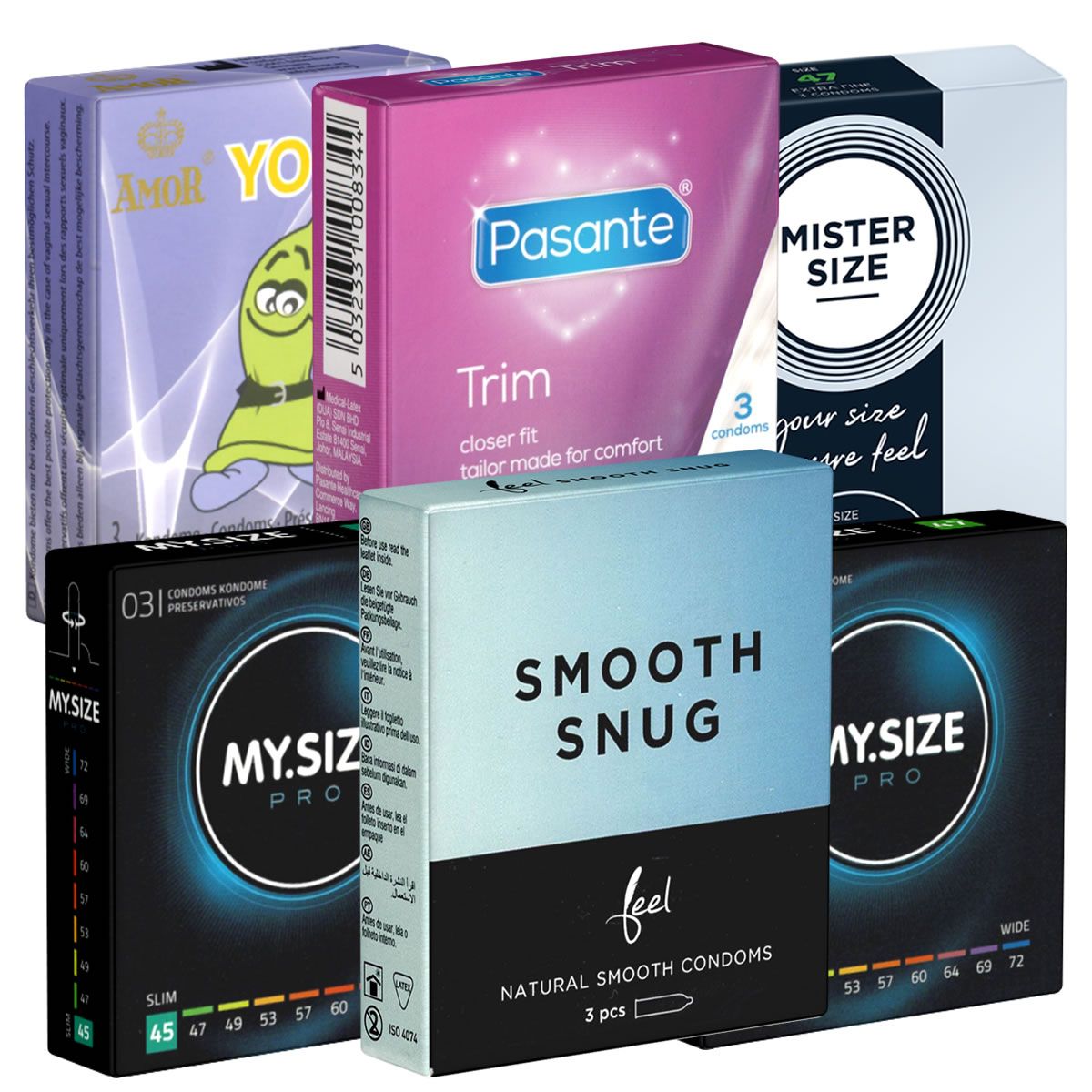 Verschillende condoomsverpakkingen. Merken: Amor, Pasante, Mister Size, My.Size en Feel. Opschriften: Trim, Smooth Snug, Natural Smooth Condoms.