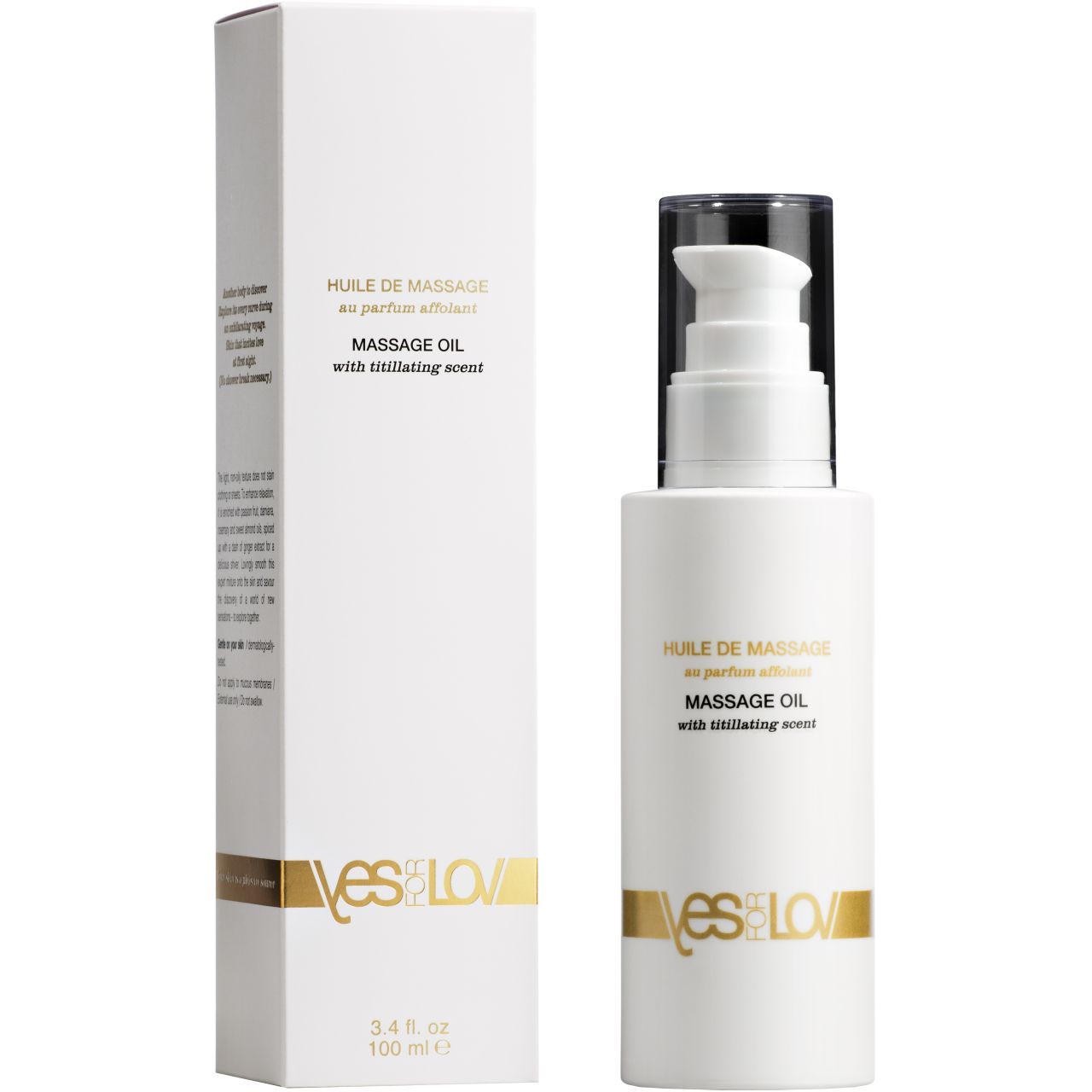 Massageolie in witte fles met pompdos en doos. Bevat titillerende werkstoffen.