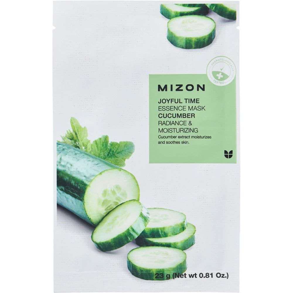 Masque facial avec motif de concombre et tranches de concombre. Inscription : MIZON Joyful Time Essence Mask Gurke. Avec emballage vert.