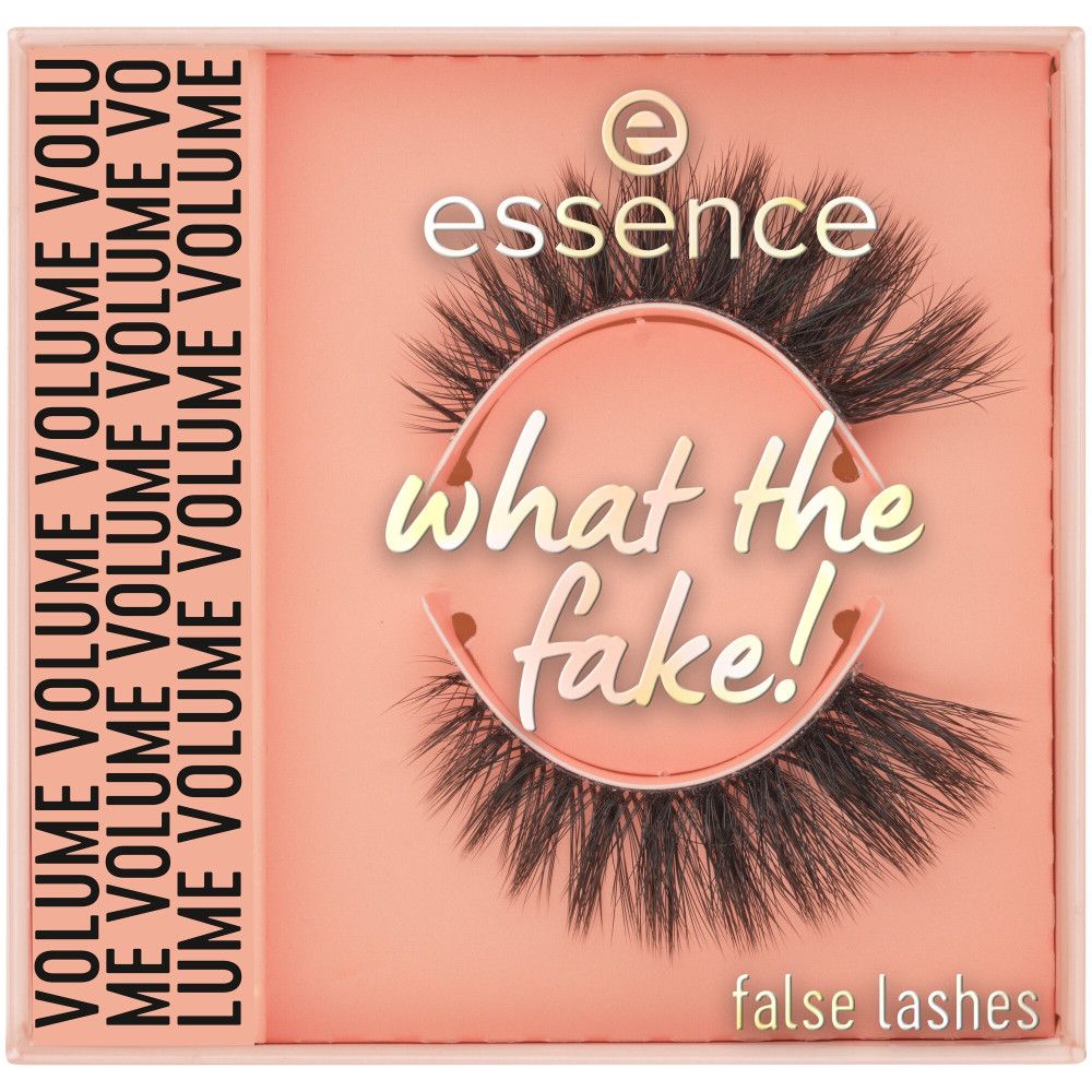 Emballage de faux cils Essence What The Fake!. Boîte pêche avec produit et lettrage.