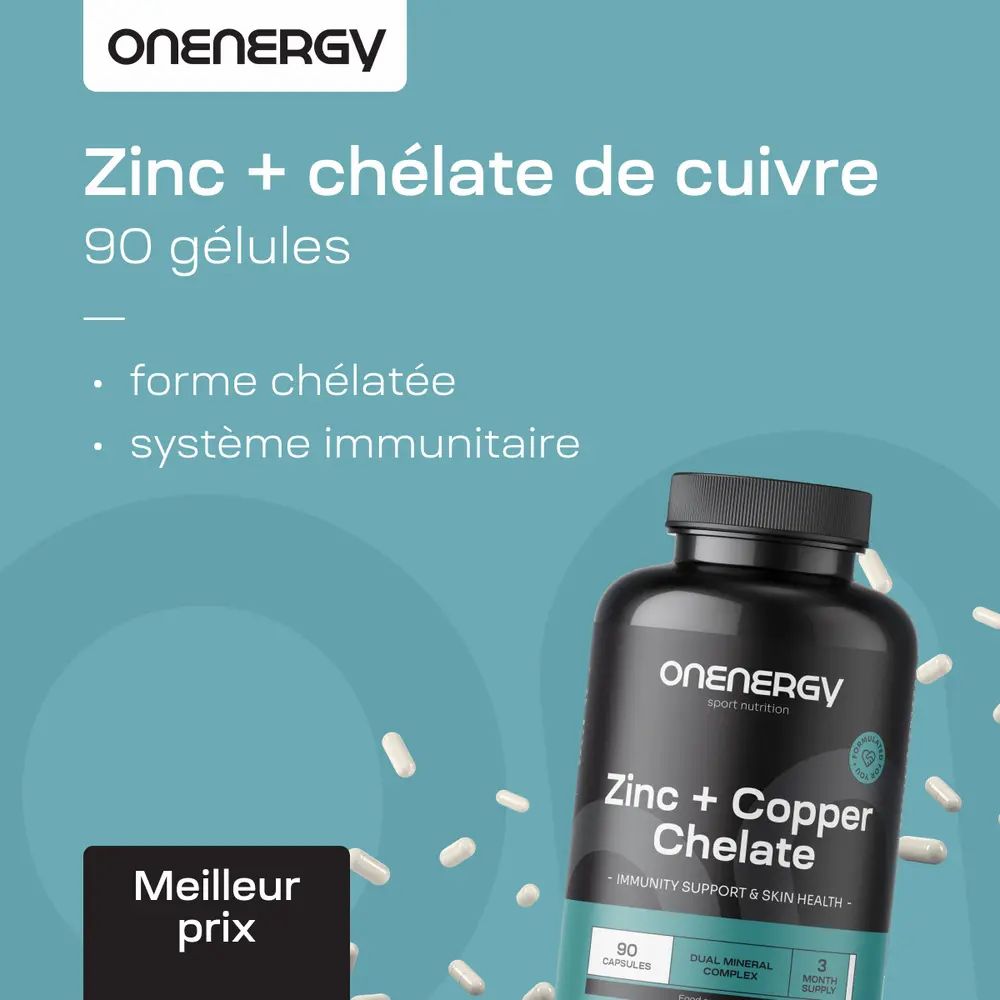 Bouteille Zinc + Chélate de Cuivre, 90 gélules. Forme chélatée, système immunitaire.