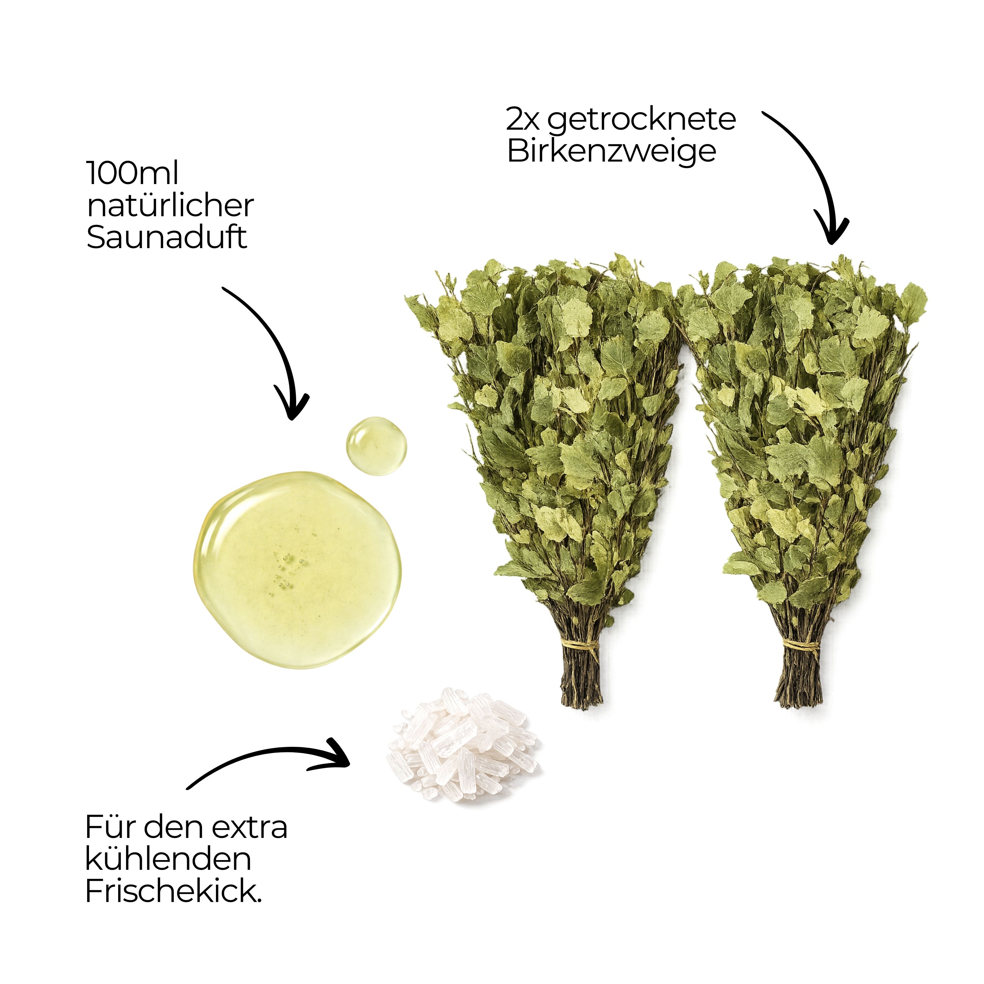 Parfum de sauna, branches de bouleau, cristaux de menthol. Inscription: 100ml parfum de sauna, 2x branches de bouleau séchées.