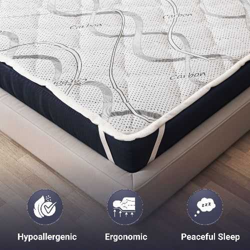 Matrasbeschermer met elastieken, 'Hypoallergenic', 'Ergonomic', 'Peaceful Sleep' iconen.