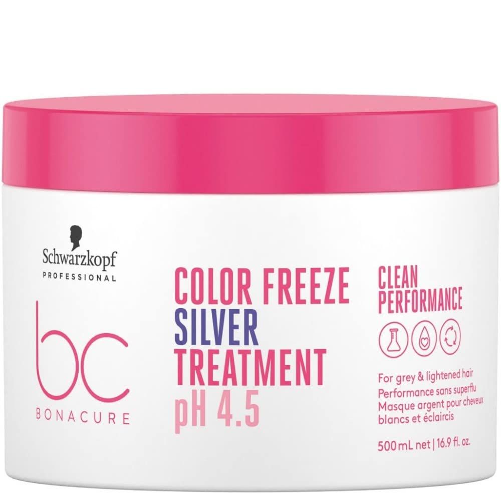 Witte pot met roze deksel. Opschrift: Schwarzkopf, BC Bonacure, Color Freeze Silver Treatment pH 4.5. Voor grijs en gebleekt haar.