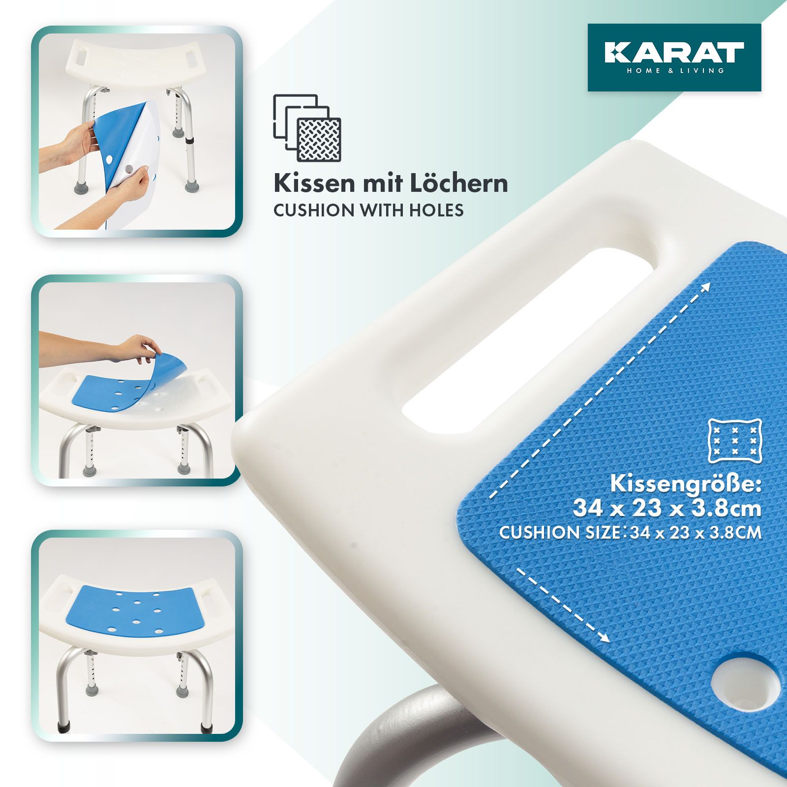 Tabouret de douche avec assise bleue. Coussin perforé. Dimensions du coussin: 34 x 23 x 3,8 cm.