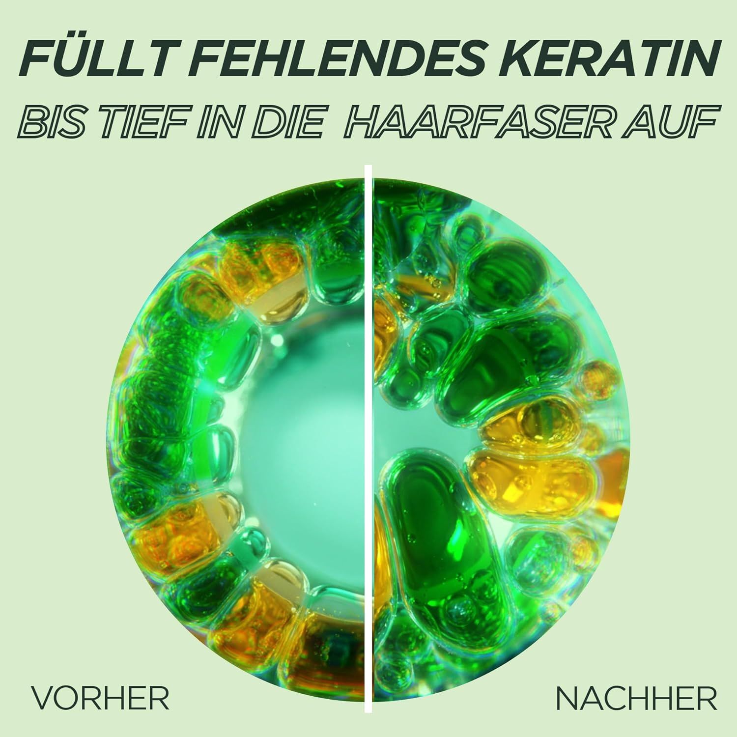 Vue microscopique des fibres capillaires. Texte: Comble la kératine manquante en profondeur.