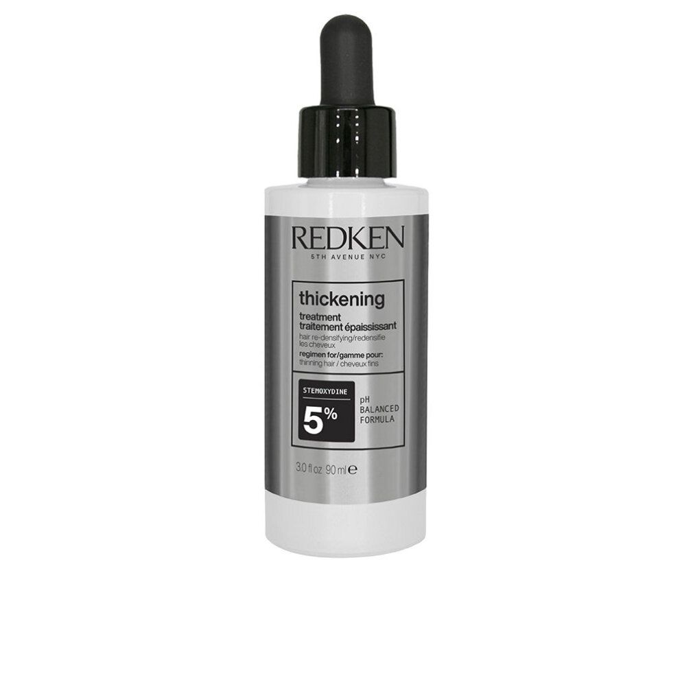 Redken-product met zwarte druppelaar. Opschrift: thickening treatment. Bevat 5% Stemoxydine. Witte fles.