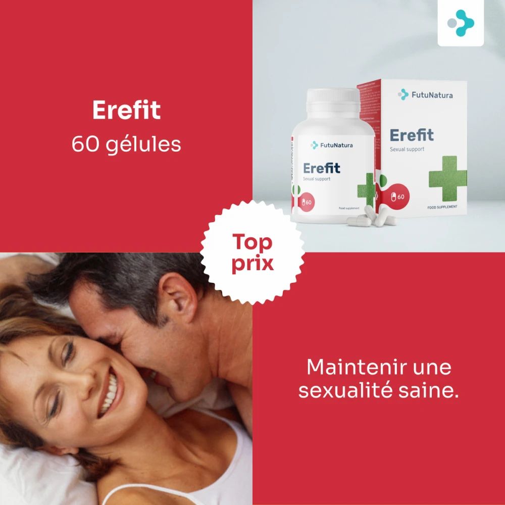 Flacon et boîte FutuNatura Erefit. 60 gélules. Couple au lit. Fond rouge.