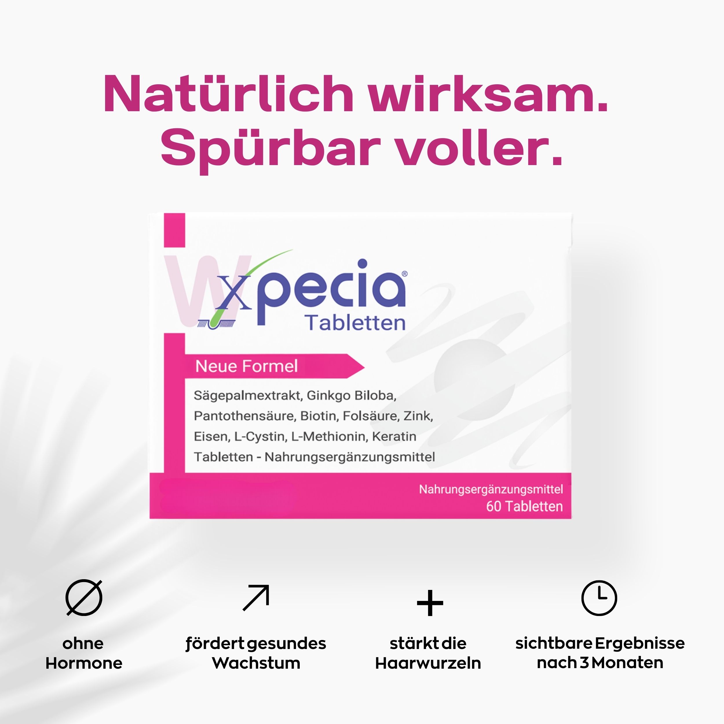 Xpecia tabletten verpakking. Witte verpakking met roze accent. Tekst: 60 tabletten, voedingssupplement. Zonder hormonen.