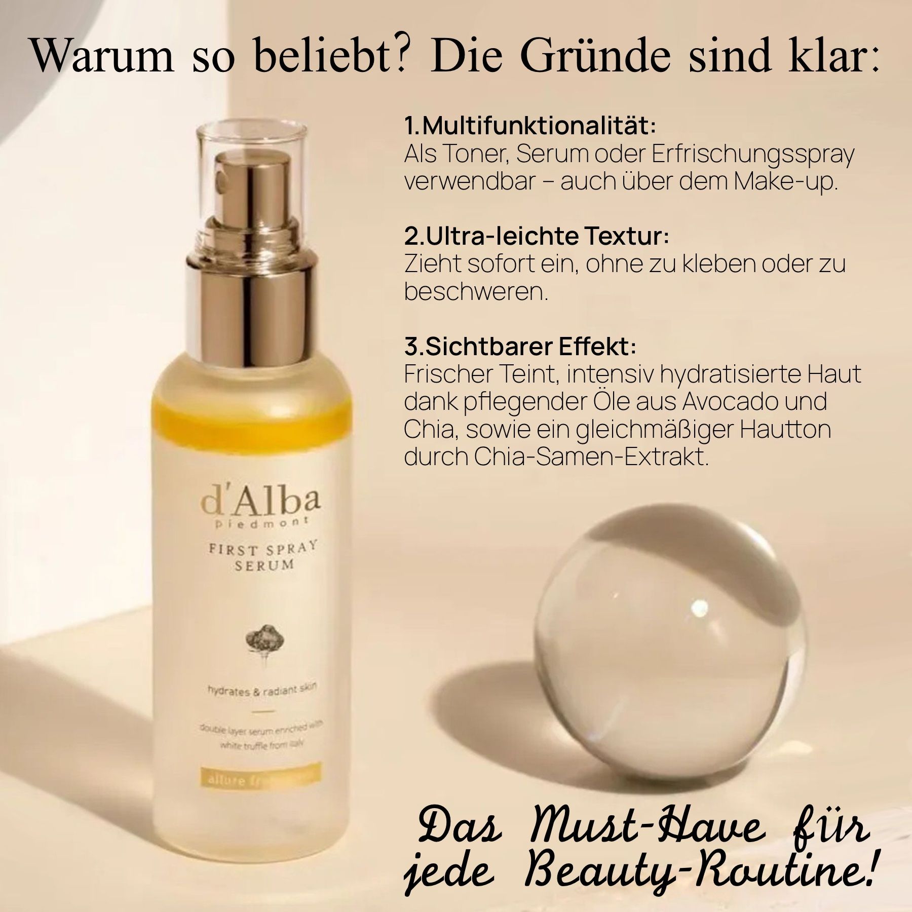 Een sprayfles met gouden dop. Tekst: "d'Alba piedmont FIRST SPRAY SERUM". Een bol en tekst over de voordelen.