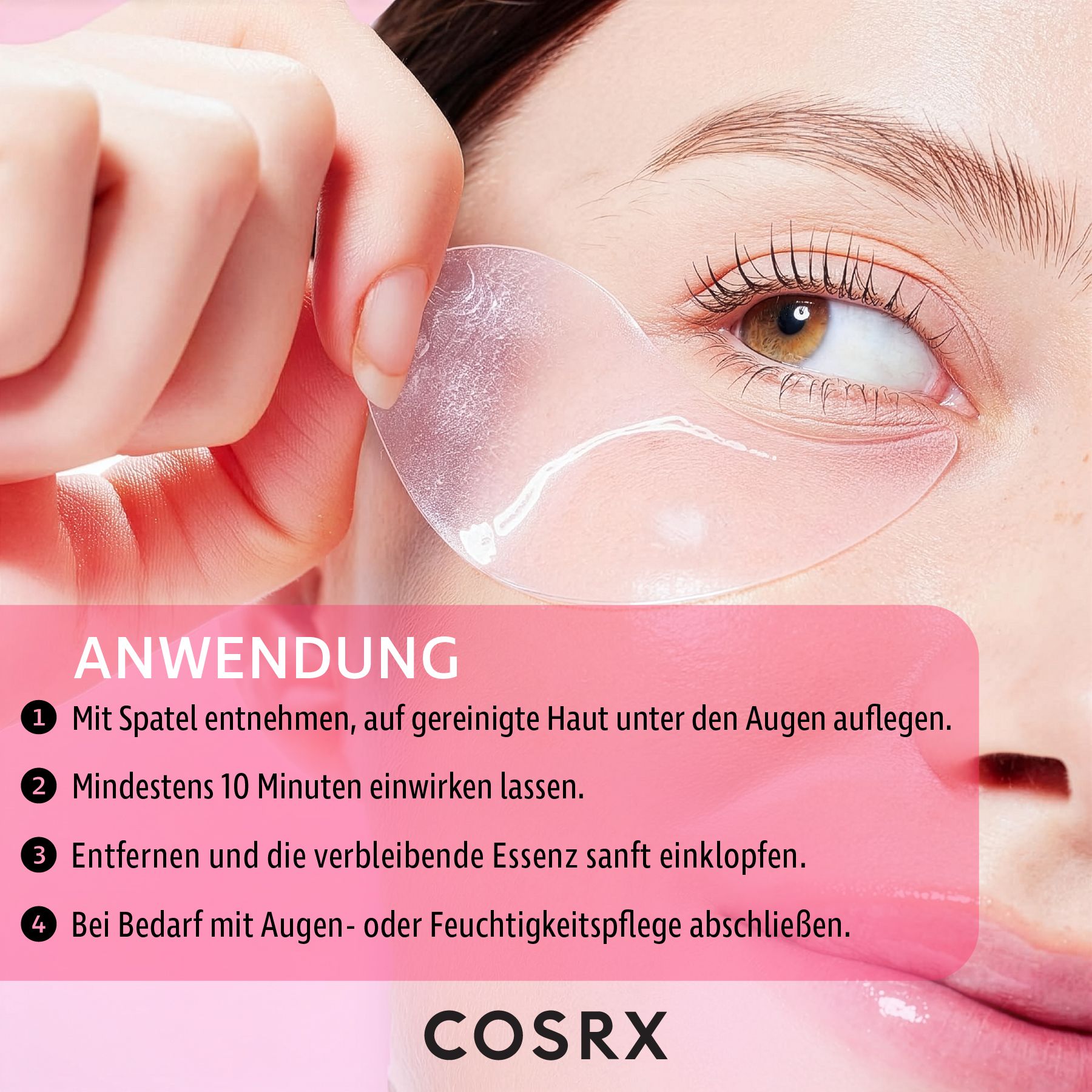 COSRX Oogpads: Close-up van een vrouw die een roze hydrogel pad aanbrengt.