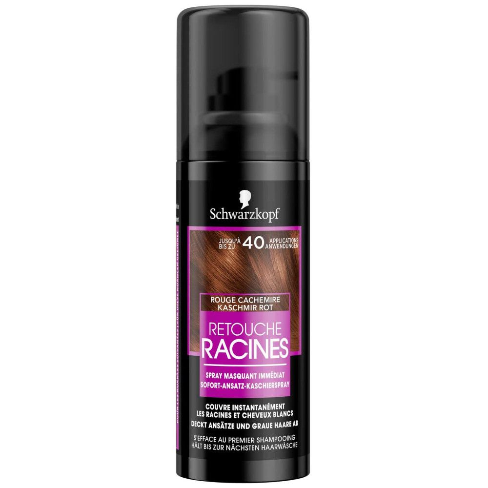 Spray Retouche Racines Schwarzkopf. Flacon noir avec étiquette violette. Texte: Rouge Cachemire, couvre les racines et cheveux blancs.