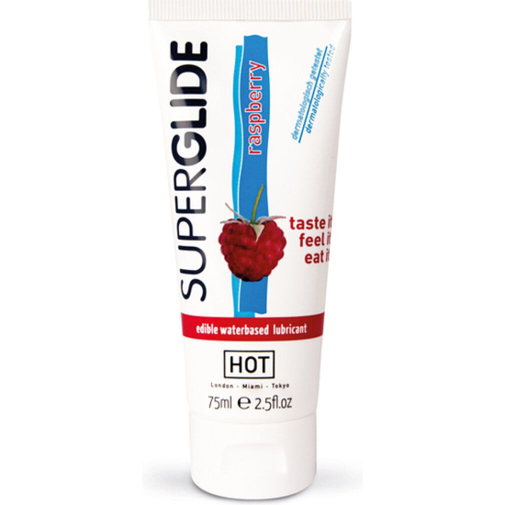 Witte tube SUPERGLIDE, frambozensmaak. Bevat 75ml. Merk HOT. Dermatologisch getest.