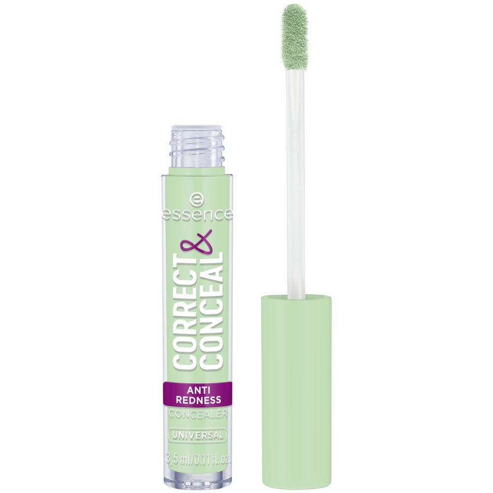 Correcteur vert Essence Correct & Conceal avec applicateur. Inscription: Anti Redness, Universal.