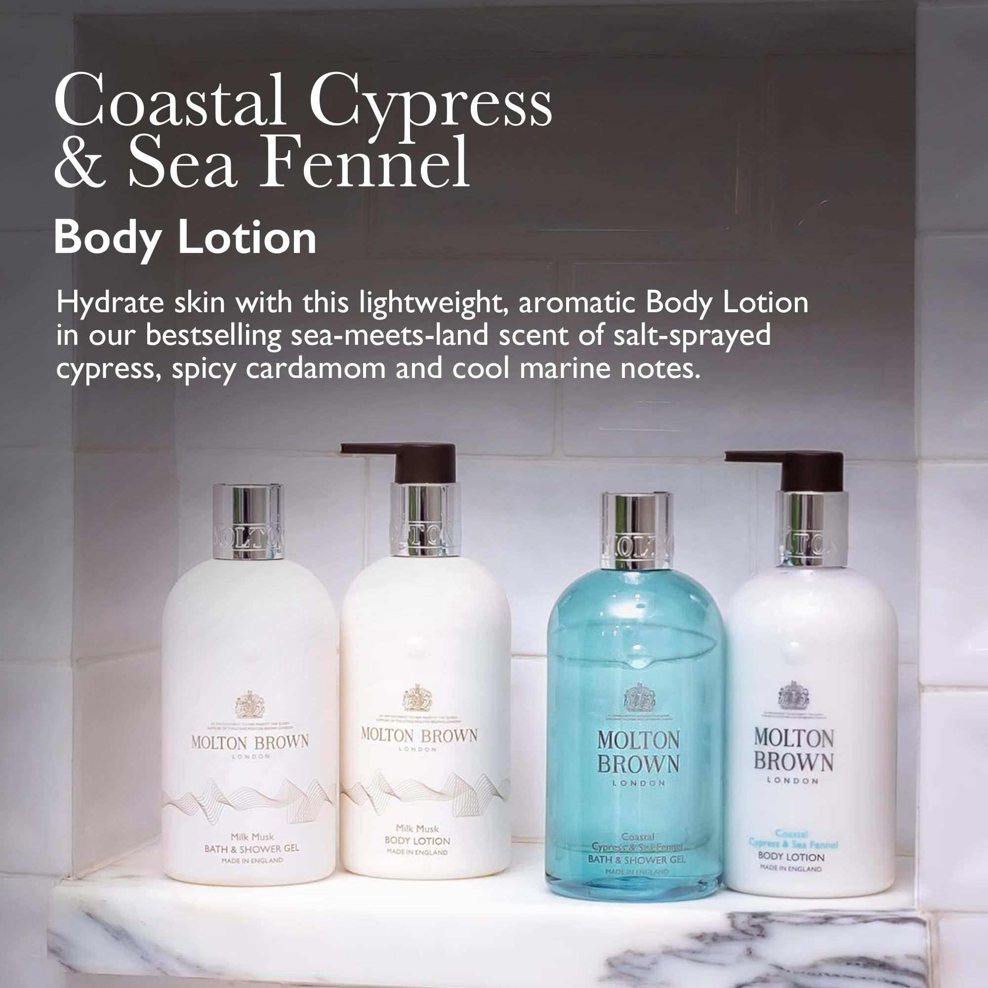 Quatre produits de soins corporels Molton Brown, dont lotion pour le corps et gel douche.