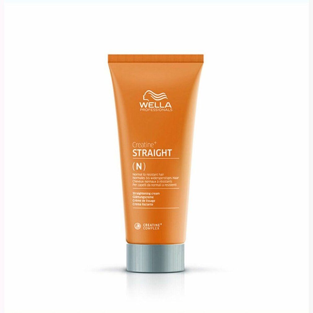 Oranje tube Wella Creatine+ Straight (N) straightening cream. Zilveren dop. Tekst in het Duits, Engels, Italiaans, Frans.