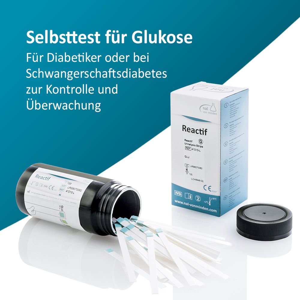 Flacon de bandelettes de test et boîte Reactif. Texte: Autotest pour le glucose. Pour diabétiques.