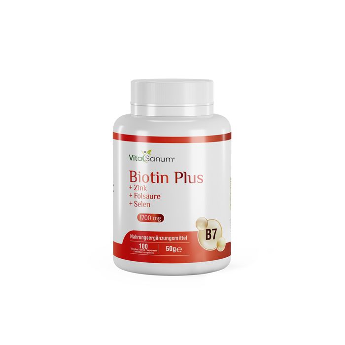 Witte fles met rood etiket. Opschrift: VitaSanum Biotin Plus + Zink + Foliumzuur + Selenium. 100 capsules, 50g. B7-symbool.