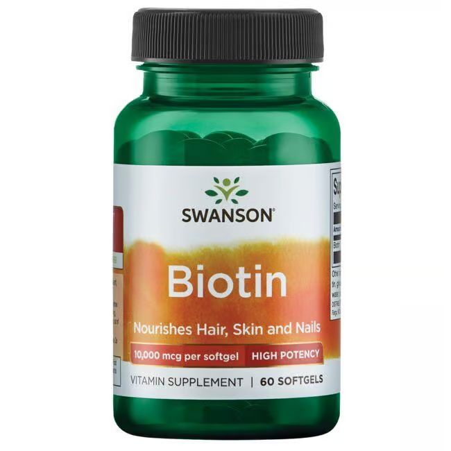 Flacon vert avec bouchon noir. Étiquette "SWANSON Biotin", texte et logo. 60 gélules.