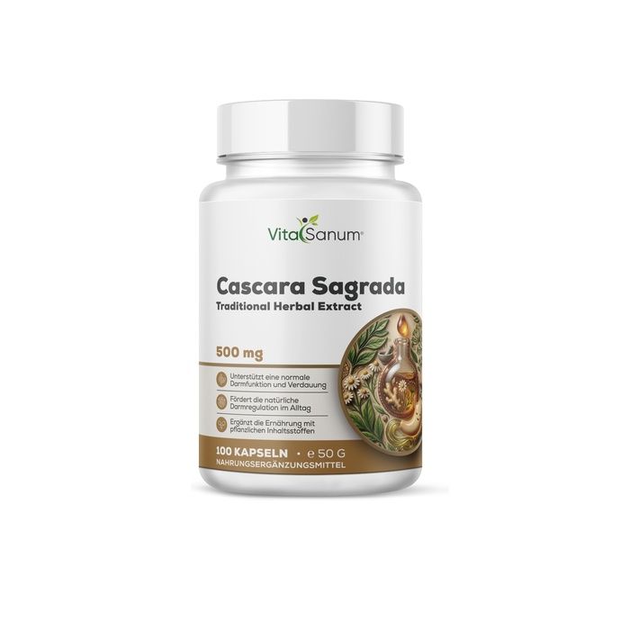 Flacon blanc de capsules avec étiquette VitaSanum® Cascara Sagrada 500 mg et indication de 100 capsules.