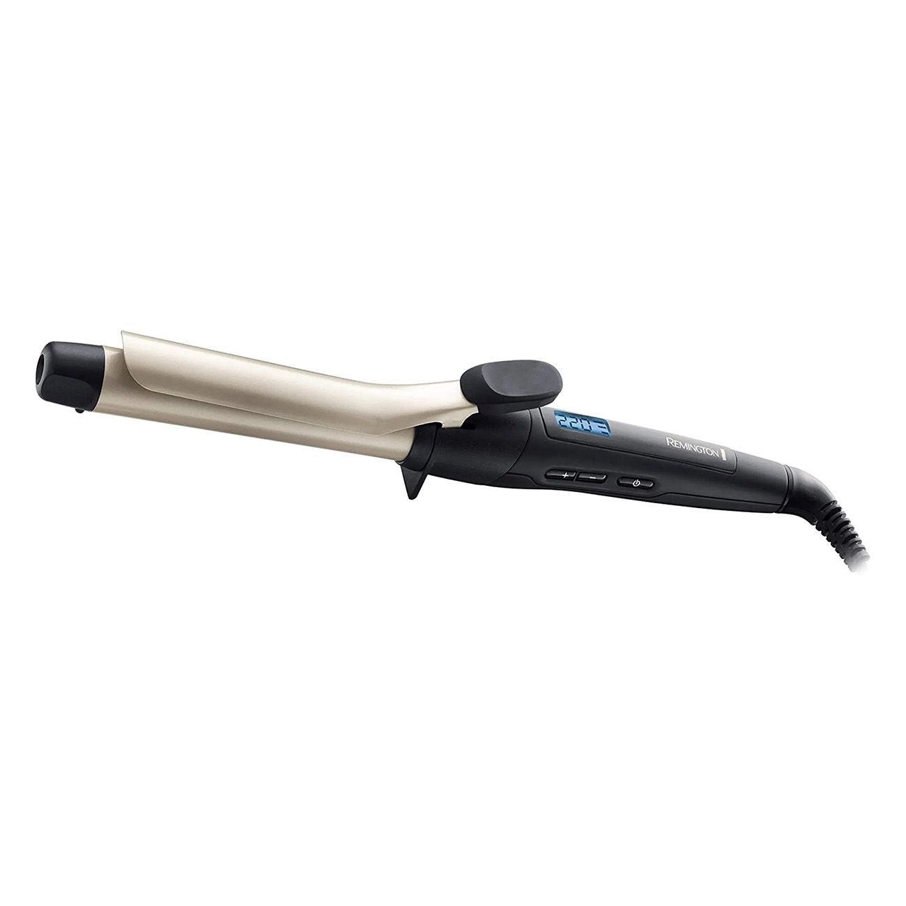 Fer à boucler noir et beige avec écran numérique. Logo Remington. Raccordement par câble.