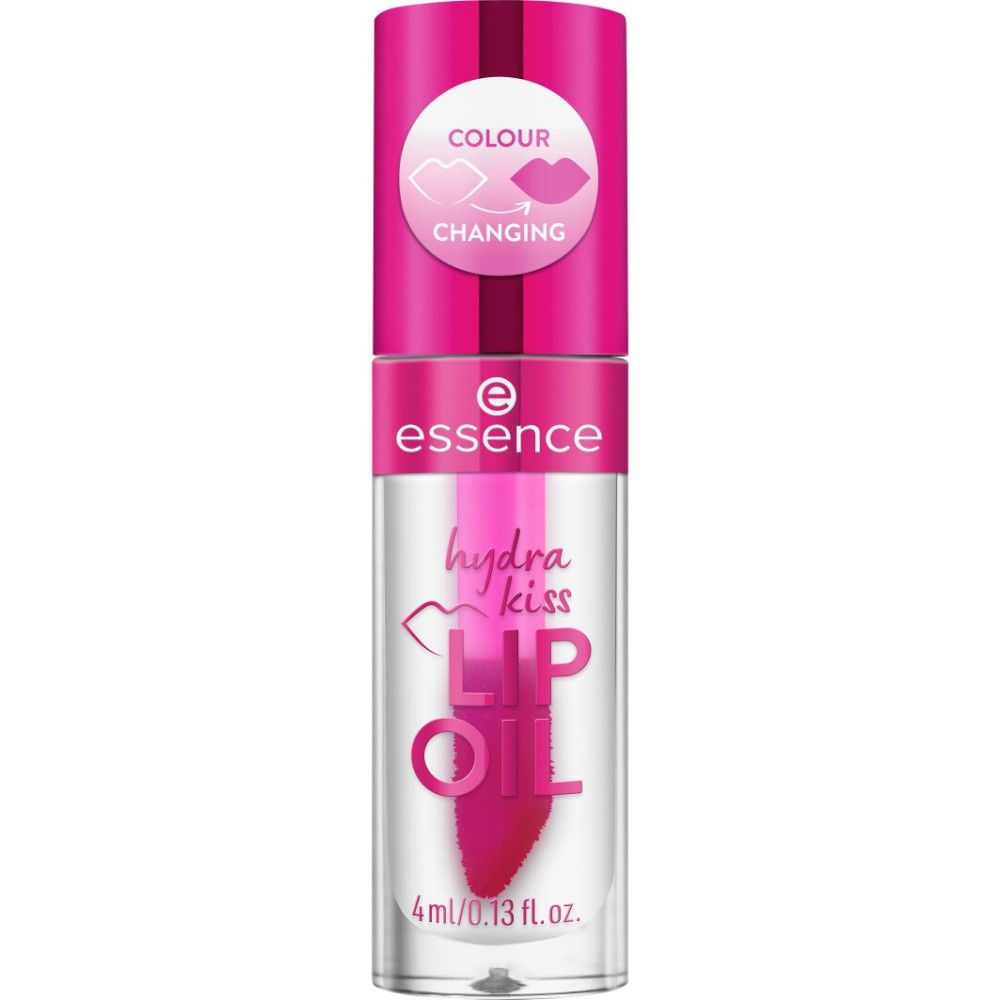 Lipolieflesje met roze dop en applicator. Opschrift: "Essence Hydra Kiss Lip Oil".