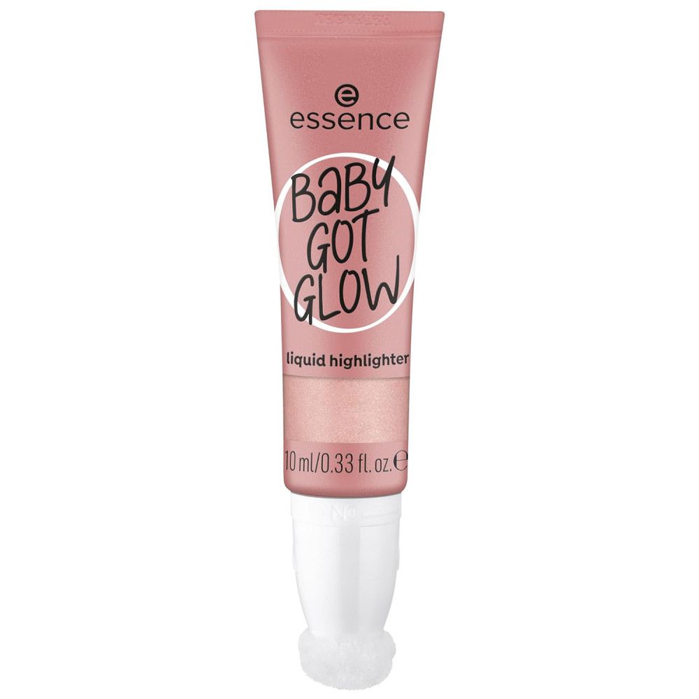 Tube rose avec applicateur blanc. Inscription : Essence, Baby Got Glow, Liquid Highlighter.
