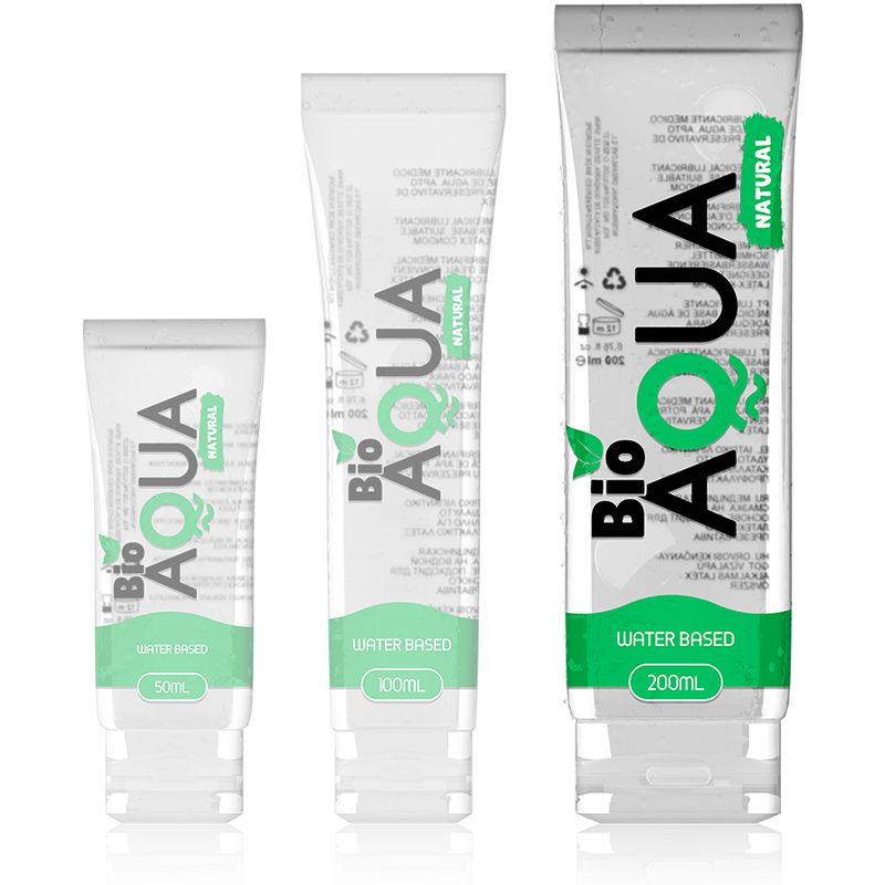 Trois tubes avec inscriptions. Bio Aqua, Water Based, Natural. Tailles: 50ml, 100ml, 200ml.