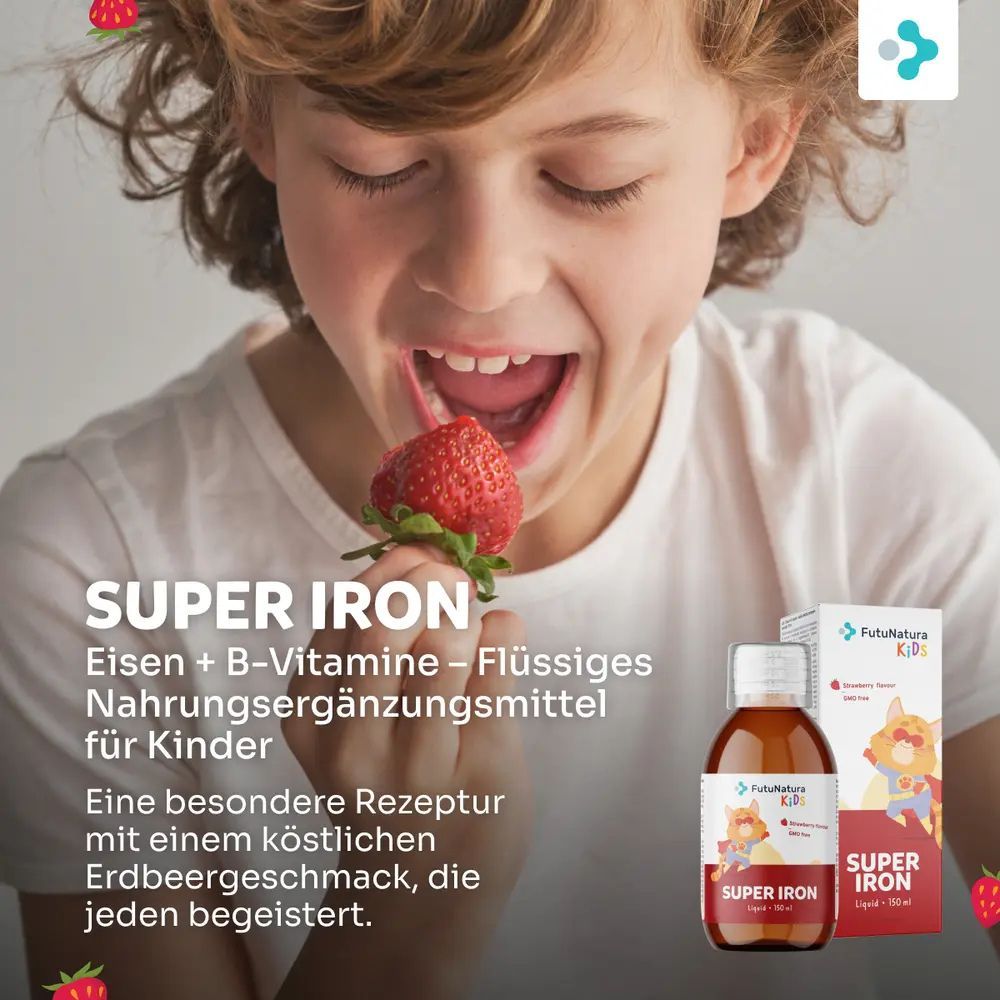 Kind eet aardbei. Fles en verpakking FutuNatura Kids Super Iron.
