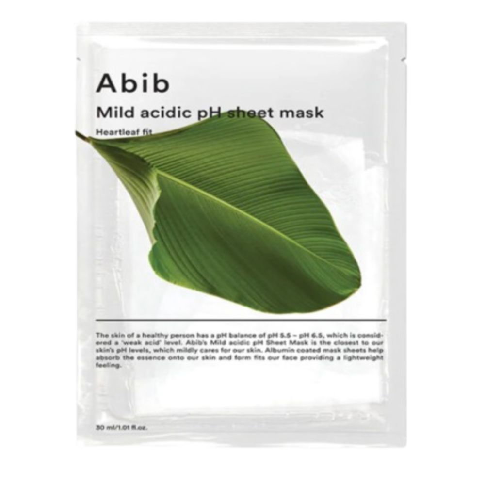 Emballage de masque en tissu Abib Mild Acidic pH Heartleaf Fit, vue de face.