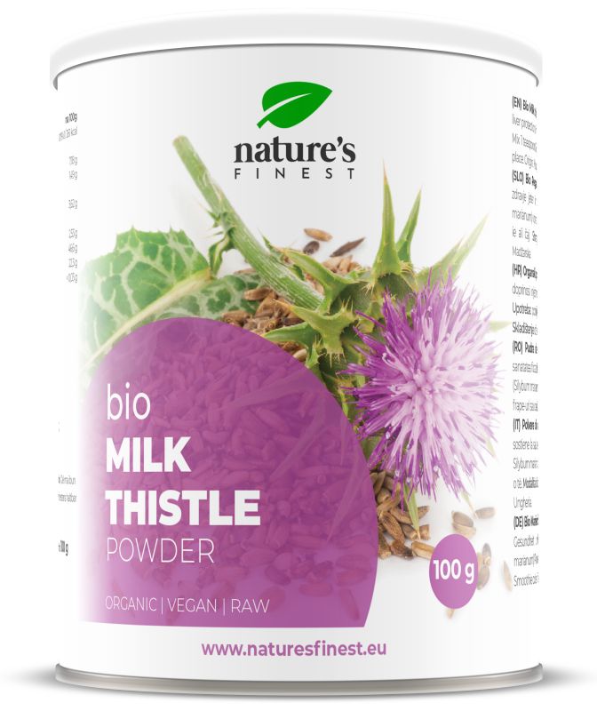 Witte pot met « Nature's Finest » logo. Opschrift: « bio MILK THISTLE POWDER ». 100g. Illustratie van mariadistel.