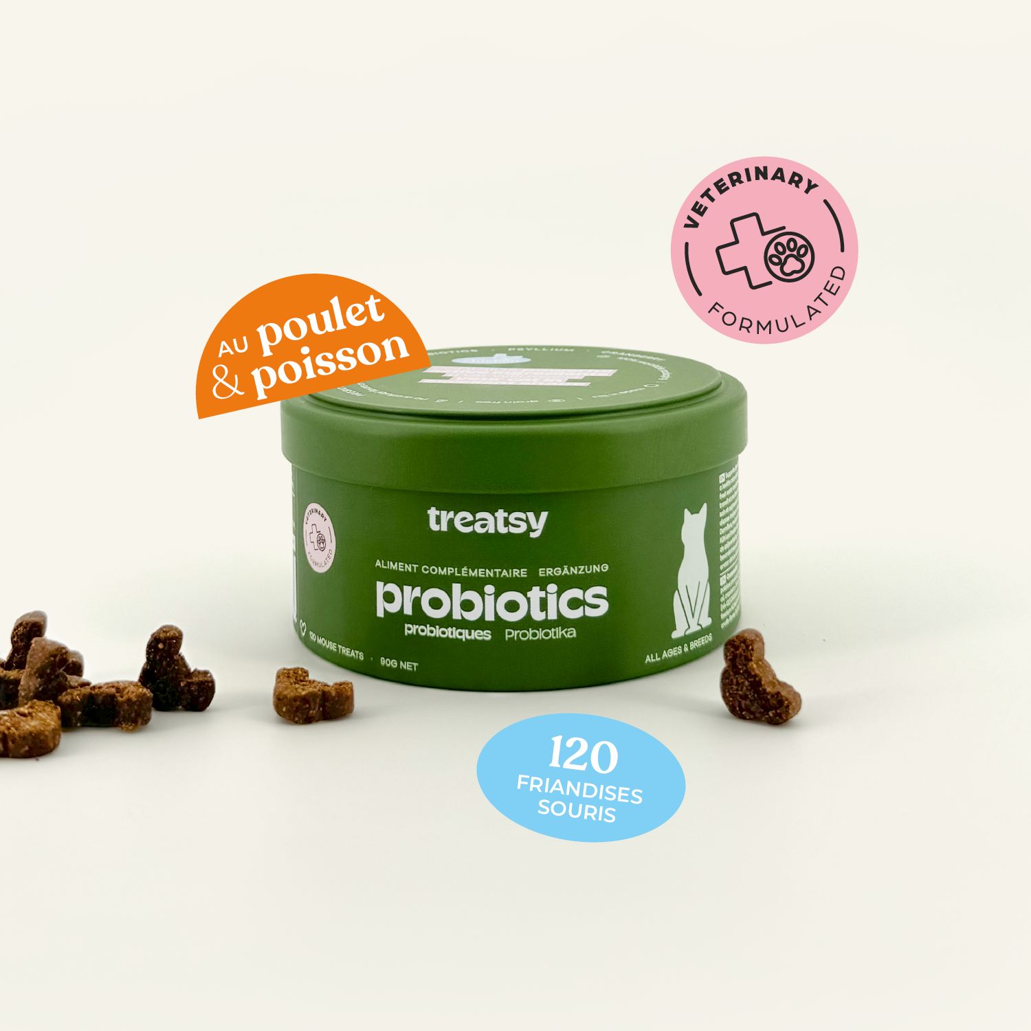 Boîte verte « Treatsy Probiotics » pour chats. Flèches pointant vers texte et logos.