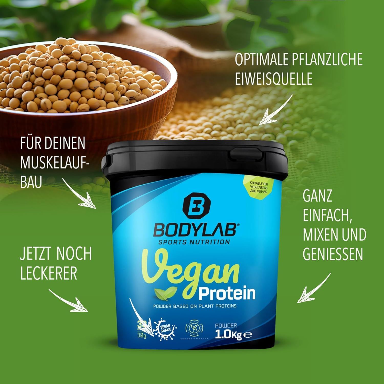 Seau Bodylab Vegan Protein à côté de graines de soja. Texte: Source optimale de protéines végétales, pour la construction musculaire.